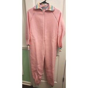 Vintage Sears Loungewear Pajamas One Piece Pink Fleece Small Rainbow Trim New